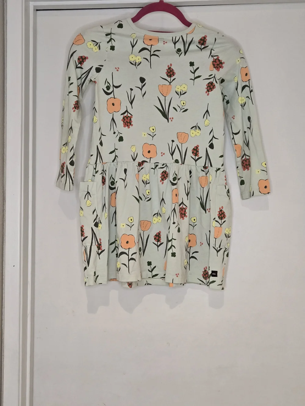 Tea Collection Girls' Mint Floral Long-Sleeve Pocket Dress